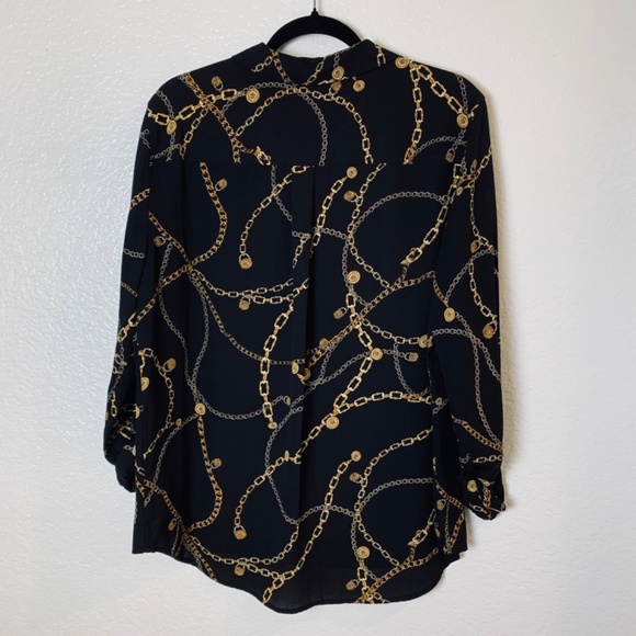 Investments Chain Print Blouse Womens Large Black Roll Tab Long Sleeve Old Money - Picture 9 of 12